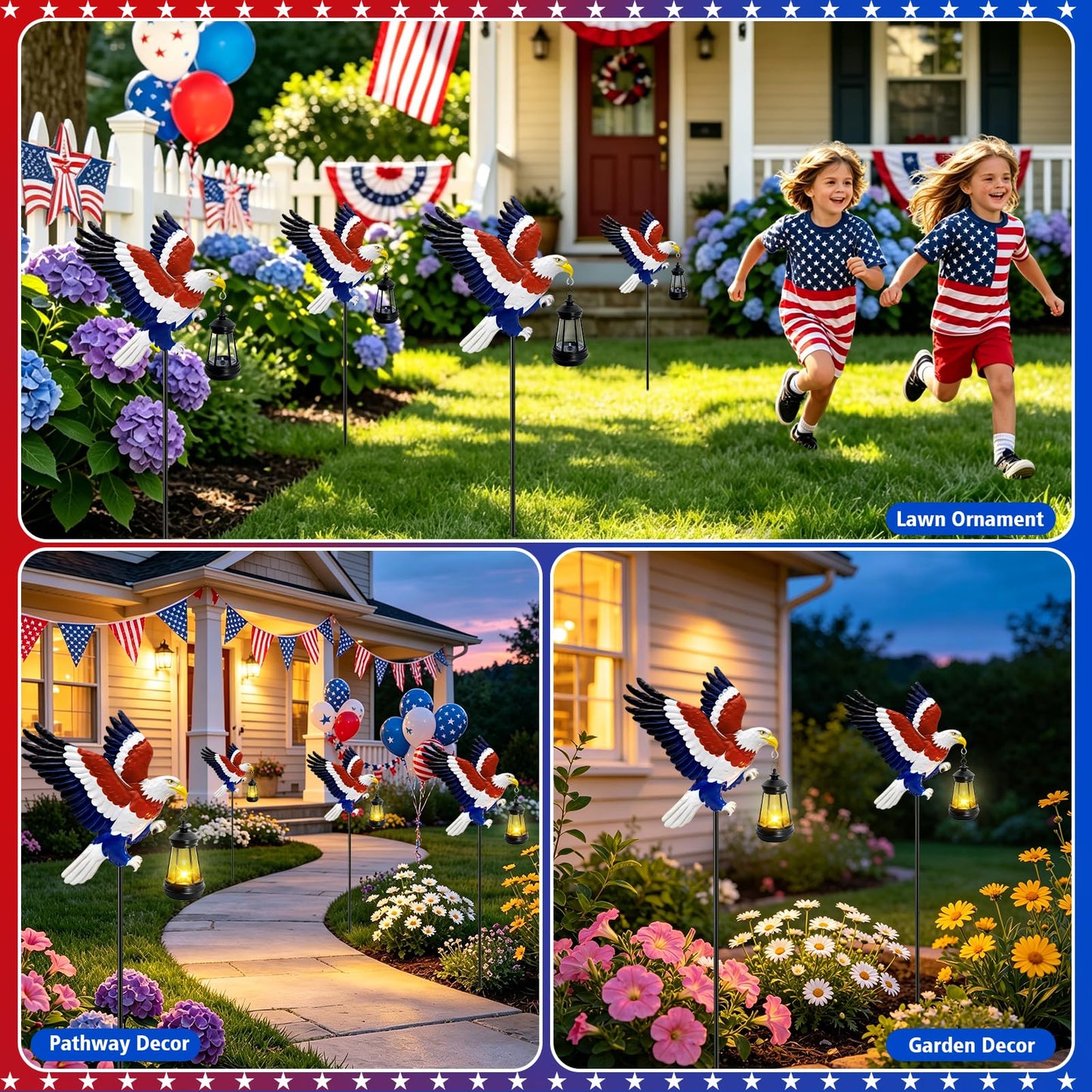 4th of July Decorations Solar Lights Outdoor, Patriotic American Eagle Hanging Lantern Waterproof, Metal Garden Decor for Independence Day Veterans Day Holiday Party Decoration Yard Patio Decor