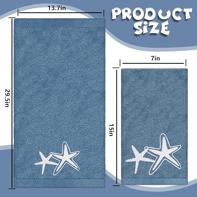 3Pcs Nautical Hand Towels Cotton Embroidered Bathroom Towels Anchor Starfish