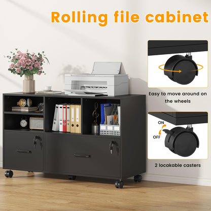 kepptory 2 Drawer Wood Mobile Large Lateral File Cabinet, Lockable Rolling Filing Cabinet with Storage Shelves, Printer Stand Office Storage Cabinet for Home Office Fits Files Legal/A4, Black