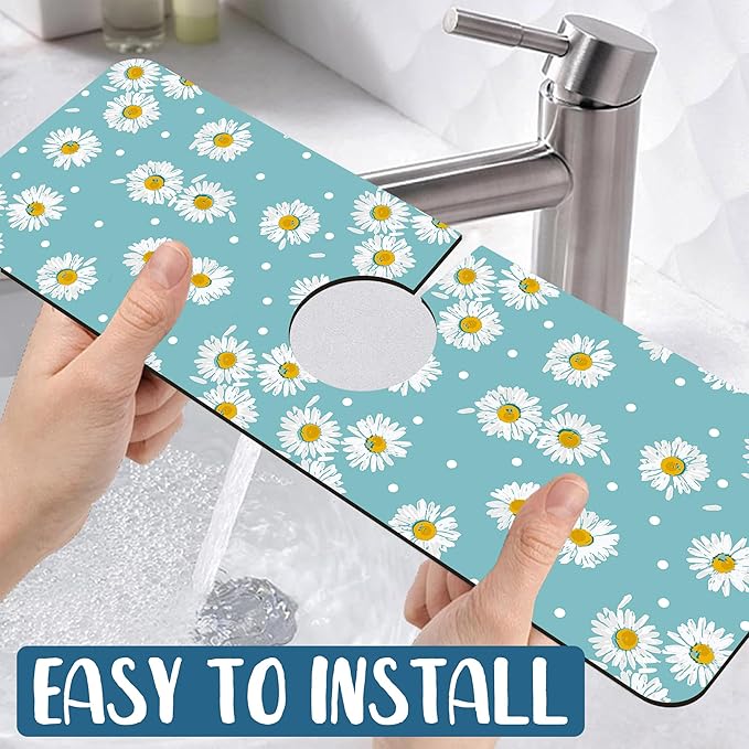 Cute Daisy Sink Faucet Absorbing Mat White Daisies Super Absorbent Fast Drying