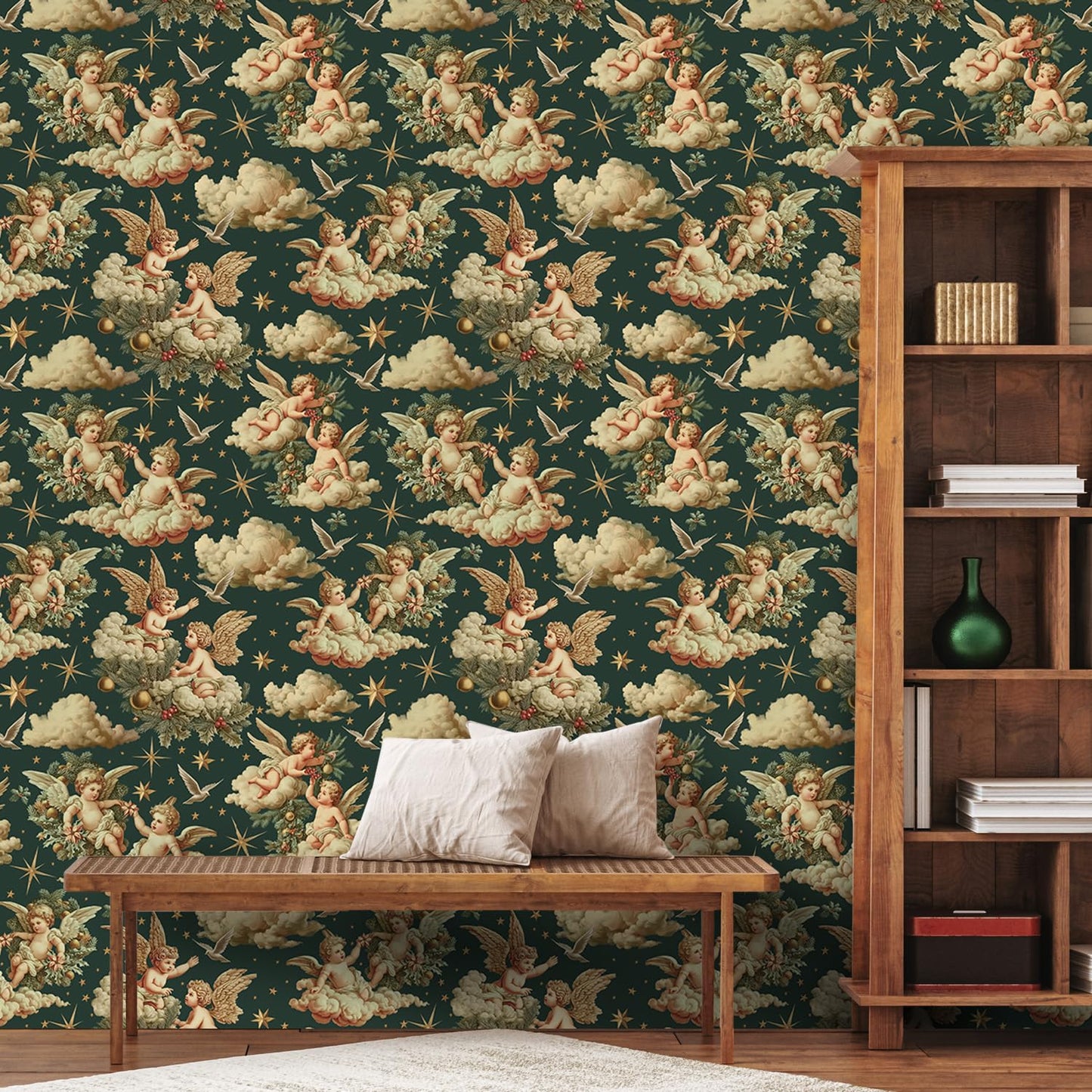 LHIUEM Lovely Cupids Peel and Stick Wallpaper Cupid Baby Angel Wings Vintage Wallpaper(17.3”X118”) White Angel Removable Gift Wrapping Paper Valentine's Day Accessory Kit for Bedroom Renter