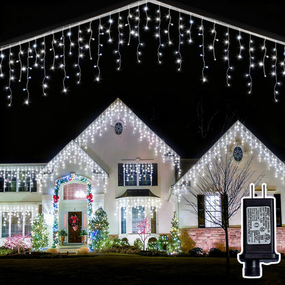 BYIZO Christmas Outdoor Icicle Lights - 200 LED 21+16 FT 8 Modes Curtain Fairy String Light Plug in, Waterproof for Eaves Yard Holiday Xmas Holiday Indoor Outdoor Decoration - White