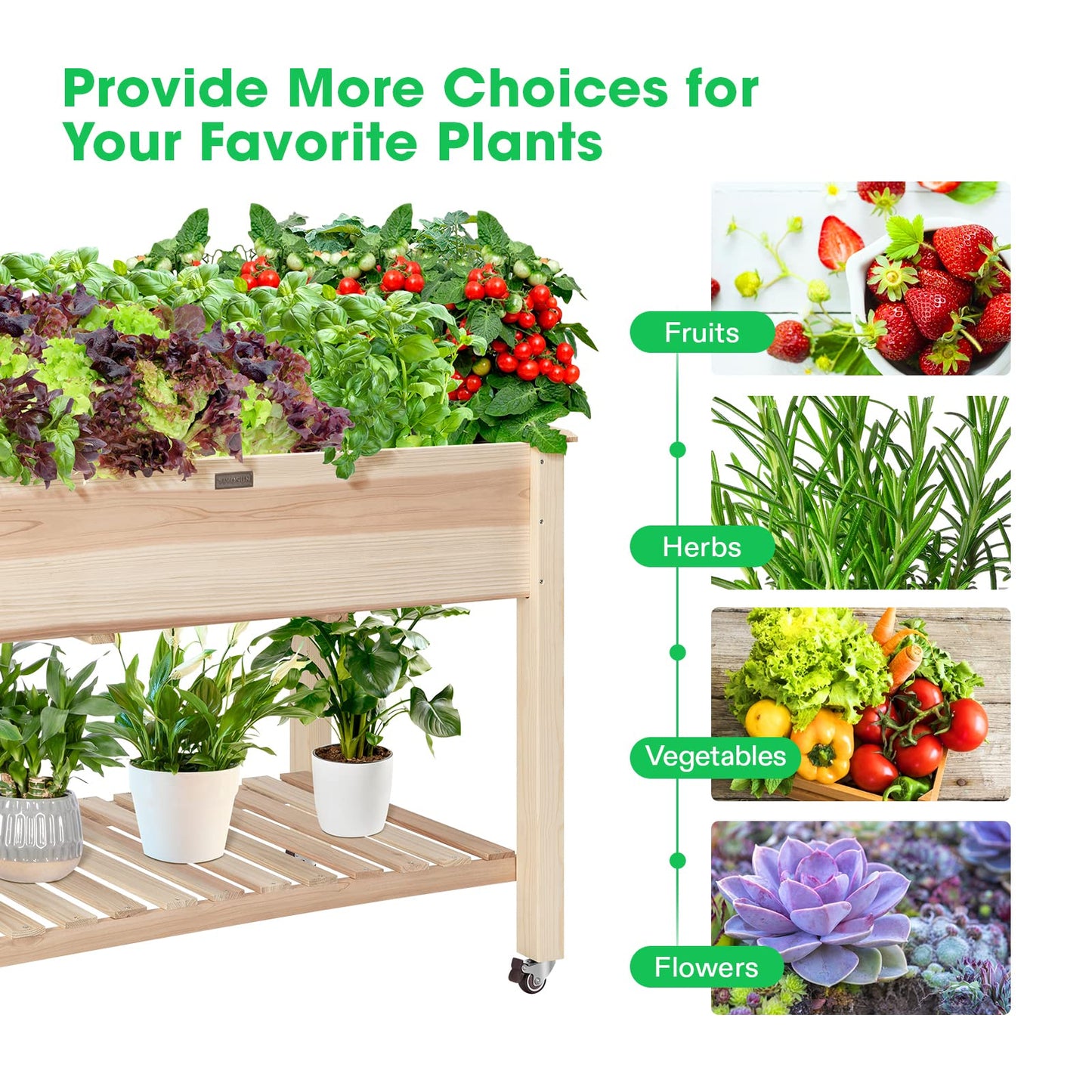 VIVOSUN Elevated Wooden Raised Garden Bed, 46 x 24 x 32 Inches, Mobile Outdoor Planter Box with Storage Shelf and Protective Liner for Outdoor Use, with Lockable Wheels