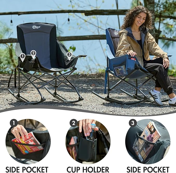 Portal Camping Rocking Chair Outdoors Folding Portable Rocker with Cup Holder Side Pocket Carry Bag, Support 350LBS, Black