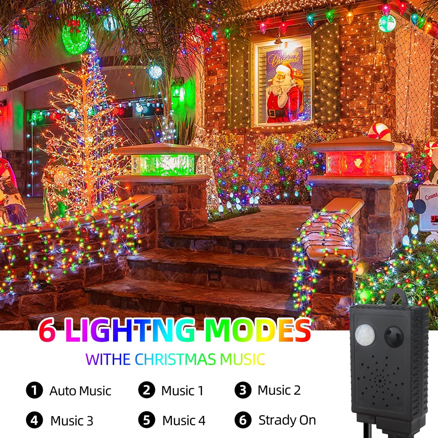 Music Motion Sensor Christmas String Lights 105ft 300 LED，Multicolour Christmas Tree Lights，End-to-End Plug In 6 Modes Christmas Lights, Waterproof for Indoor Outdoor Tree Party Yard Room Decor