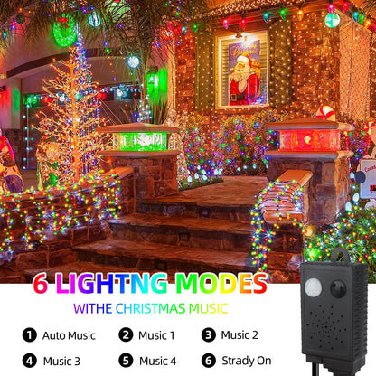 Music Motion Sensor Christmas String Lights 105ft 300 LED，Multicolour Christmas Tree Lights，End-to-End Plug In 6 Modes Christmas Lights, Waterproof for Indoor Outdoor Tree Party Yard Room Decor