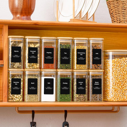ComSaf 16Pcs Glass Spice Jars with Bamboo Lid, 4oz Airtight Square Spice Containers with 275 Black Lables, Empty Seasoning Jars for Spice Salt Sugar