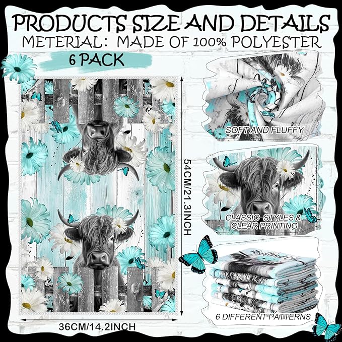 Breling Set of 6 Highland Cattle Kitchen Towels Highland Cow Vintage Themed