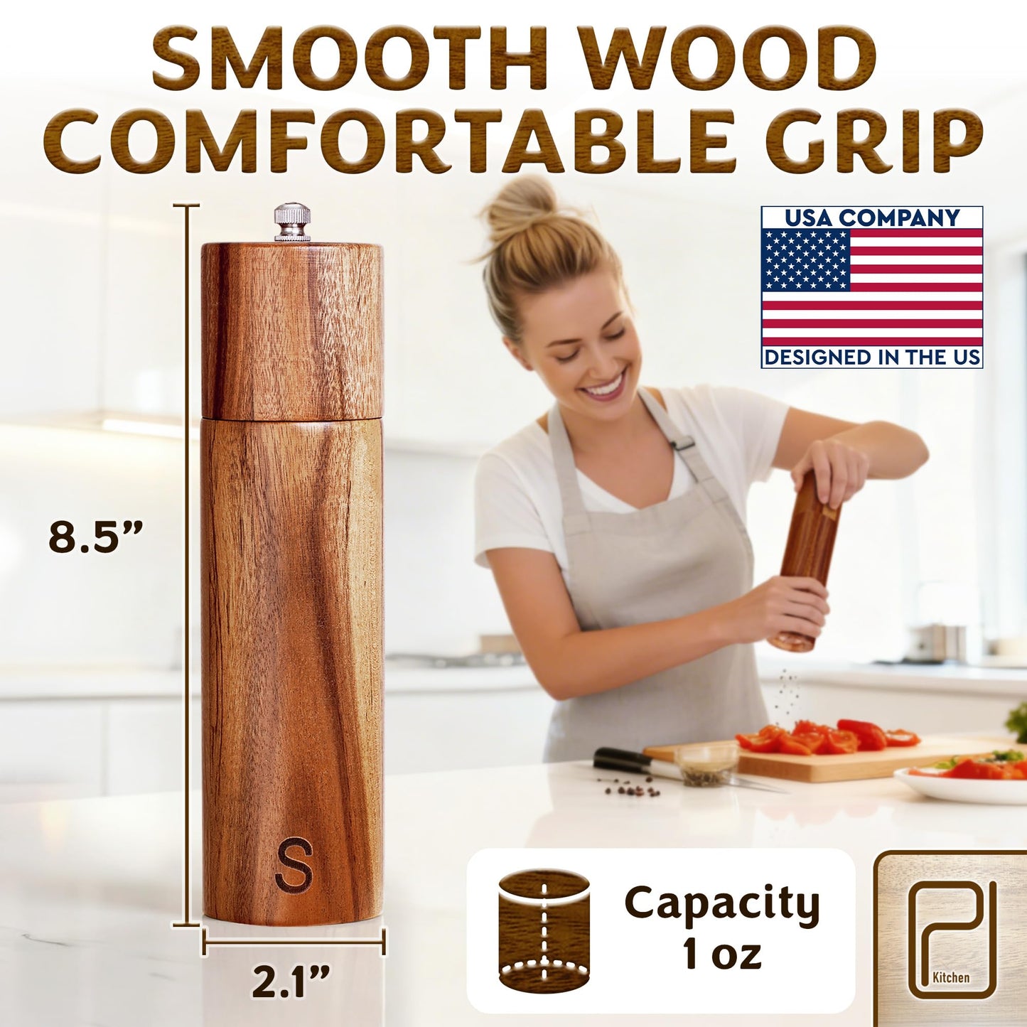Premium Wooden Salt and Pepper Grinder Set - 28 g / 1 oz each, Acacia Solid Wood Mills - Refillable Coarse Grain Salt & Peppercorn Manual Twist Grinders - Modern or Rustic Home Table - by PJC-Kitchen