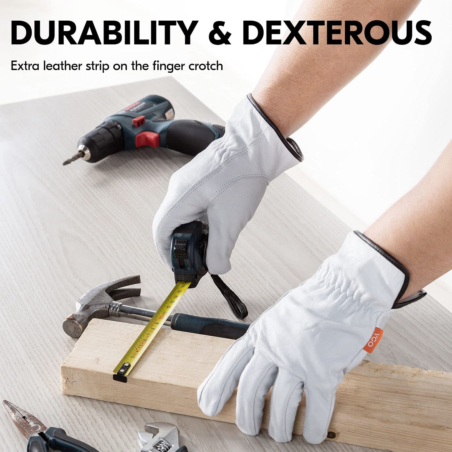Vgo... 1 Pair Unlined Safety Goatskin Leather Work Gloves Men,Rigger Gloves,Builder Gloves(GA9501) (Large, White-1Pair(Goat))