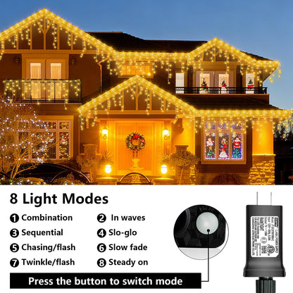 QITONG Warm White Icicle Lights for Outside, 33ft 400 LED String Lights Indoor with 8 Modes, Clear Wire Connectable Icicle Christmas Light Plug in