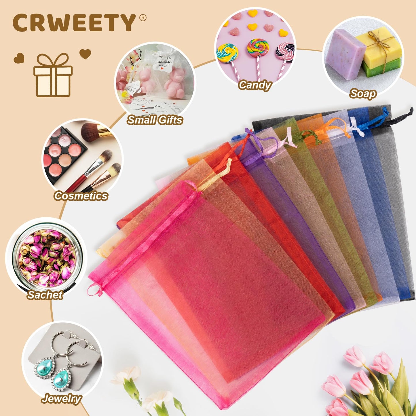 Crweety 50 Pcs Black Organza Bags 4x6 Inch, Small Mesh Gift Bags Drawstring for Jewelry Bracelet Packaging, Premium Sheer Gift Pouch for Wedding Party Favor, Candy Goodie Bag & Graduation Gifts