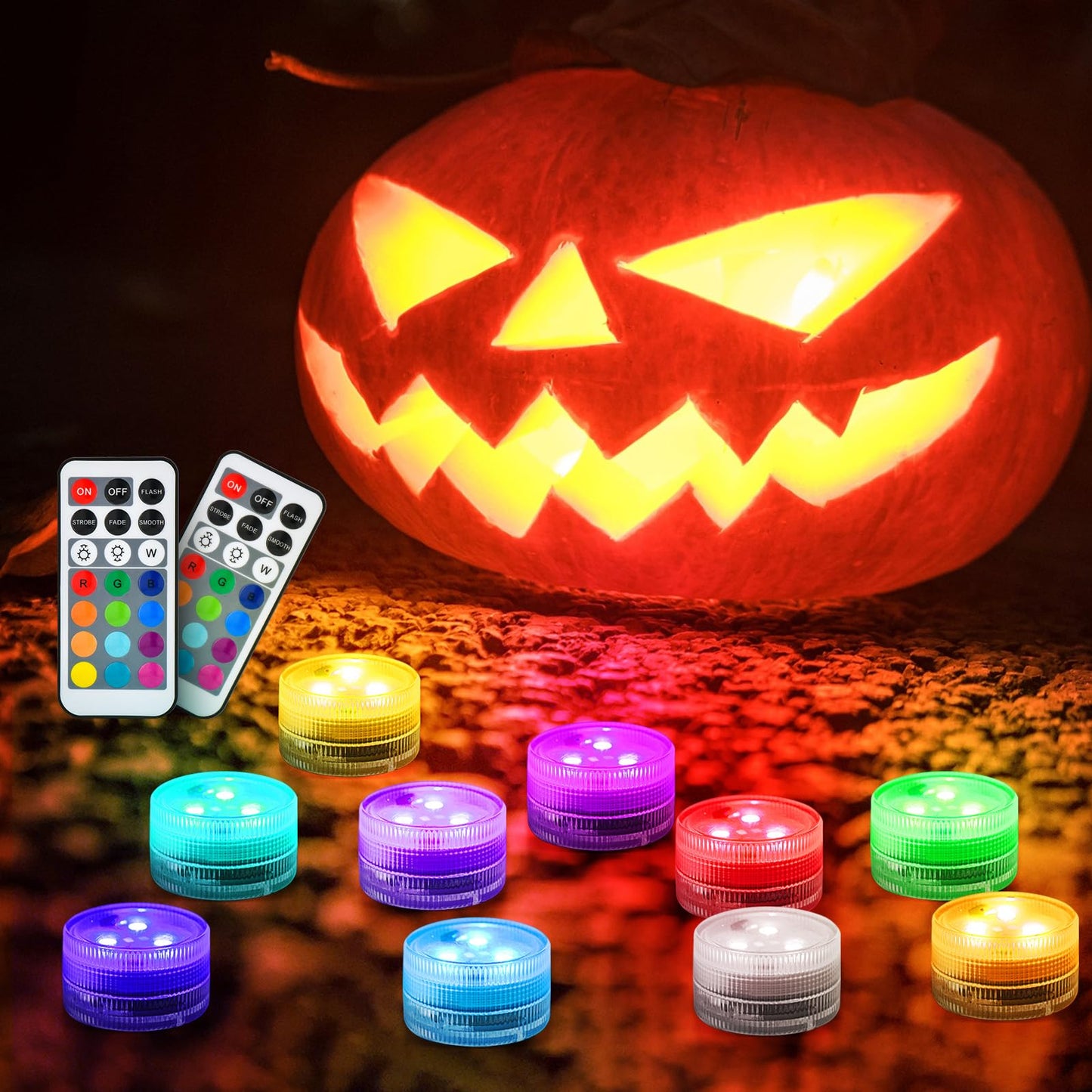 Halloween Pumpkin Lights with Remote, Submersible Pool Light for Party Events, Waterproof LED Tea Lights for Vase Fishtank Pond Wedding Christmas Decoration (Colourful, 10-Pack)