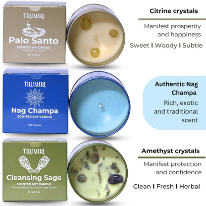 Cleansing Sage, Palo Santo, Nag Champa - Soy Candles Non Toxic - Highly Scented Long Lasting with Essential Oils - Variety Pack of 3 x 5oz - for Home Aromatherapy Meditation Gift Travel