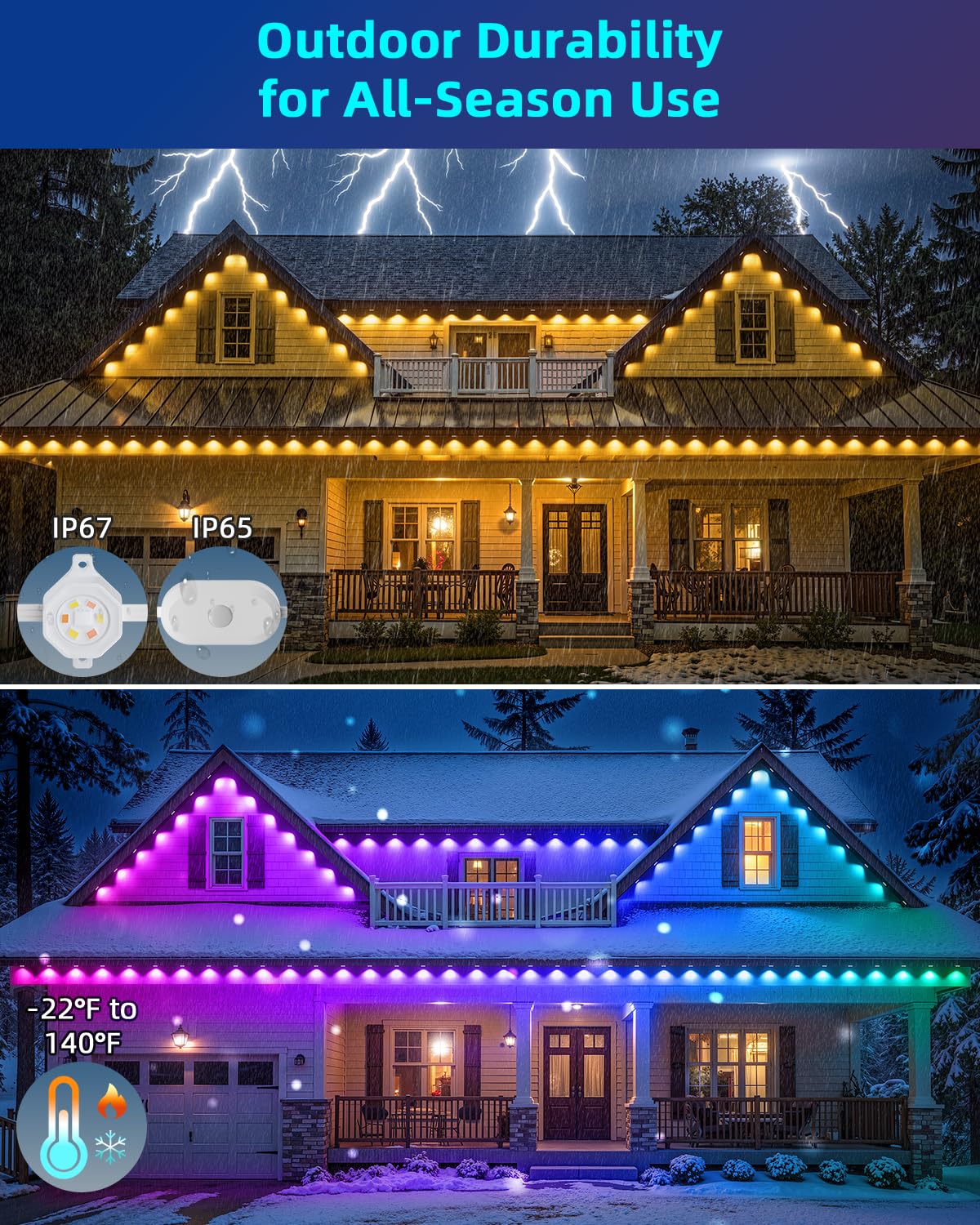 REYLAX Permanent Outdoor Lights Pro, 100ft with 72 Triple-LED 135lm, RGB+IC Smart Eaves Christmas Lights for House, IP67 Waterproof, Multi Scenes for Outdoor Decor, Works with Alexa, Google, Remote