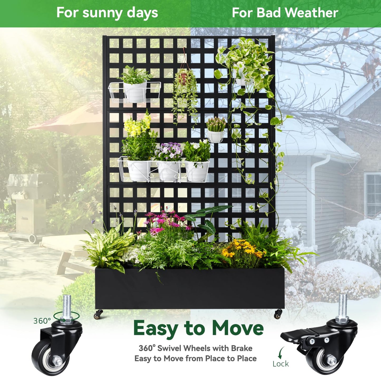 Metal Planter Box with Trellis, 71"x47"x16" Raised Garden Bed Outdoor with Privacy Screen & Lattice Trellis & Lockable Casters, Vertical Garden Box with Drainage Hole for Climbing Plants, Vegetable