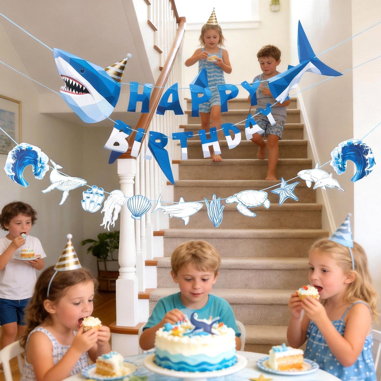Paper Jazz Ocean Shark Decor Whale Shark Party Decoration for Wall,Under The Sea Birthday Banner Hanging Fish for Room Classroom Baby Shower Themed Party （Blue）