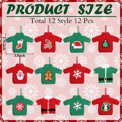 12 Pcs Handcrafted Crochet Ugly Sweater Ornament Christmas Red and Green Ugly Sweater Decorations for Christmas Tree Snowflake Gingerbread Reindeer Santa Hanging Decor for Xmas Winter Party Favors