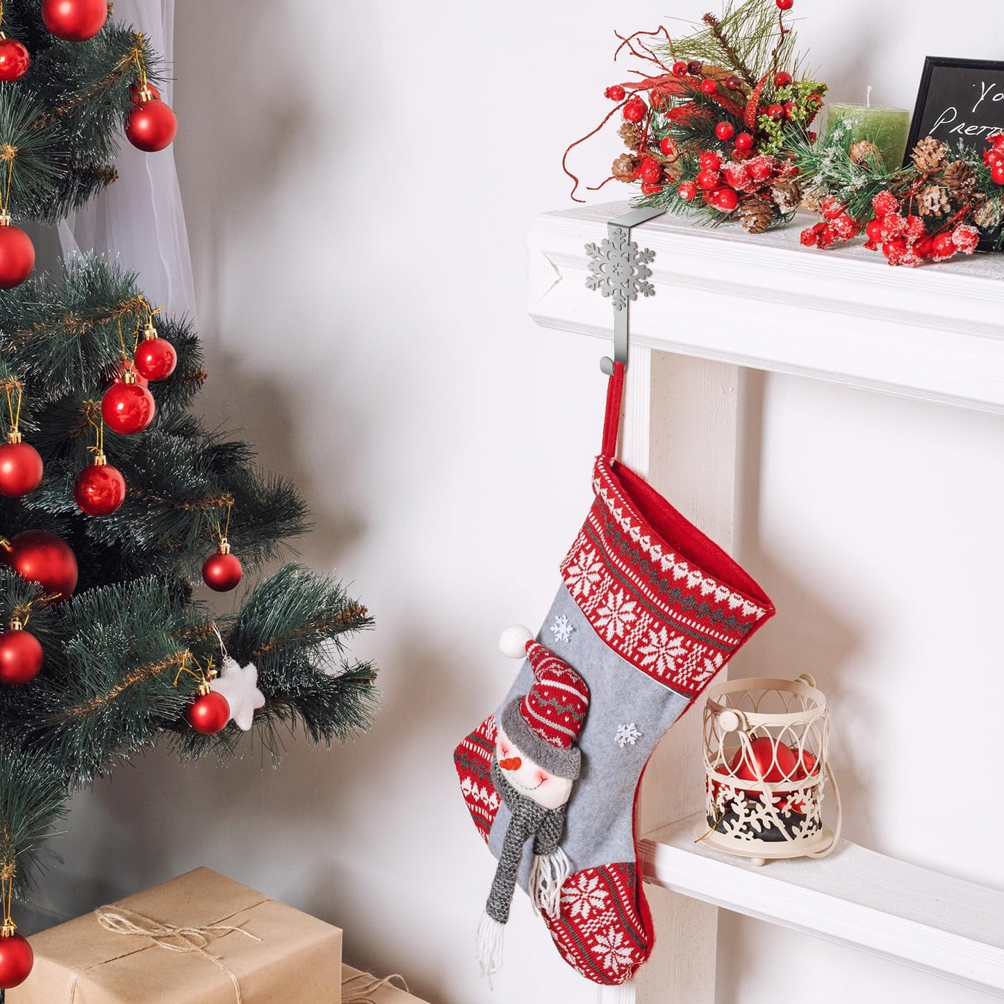 Lounsweer 12 Pieces Snowflake Christmas Stocking Holders Silver Metal Mantel Stockings Hangers Stand Christmas Ornament Hooks Metal Fireplace Clips for Xmas