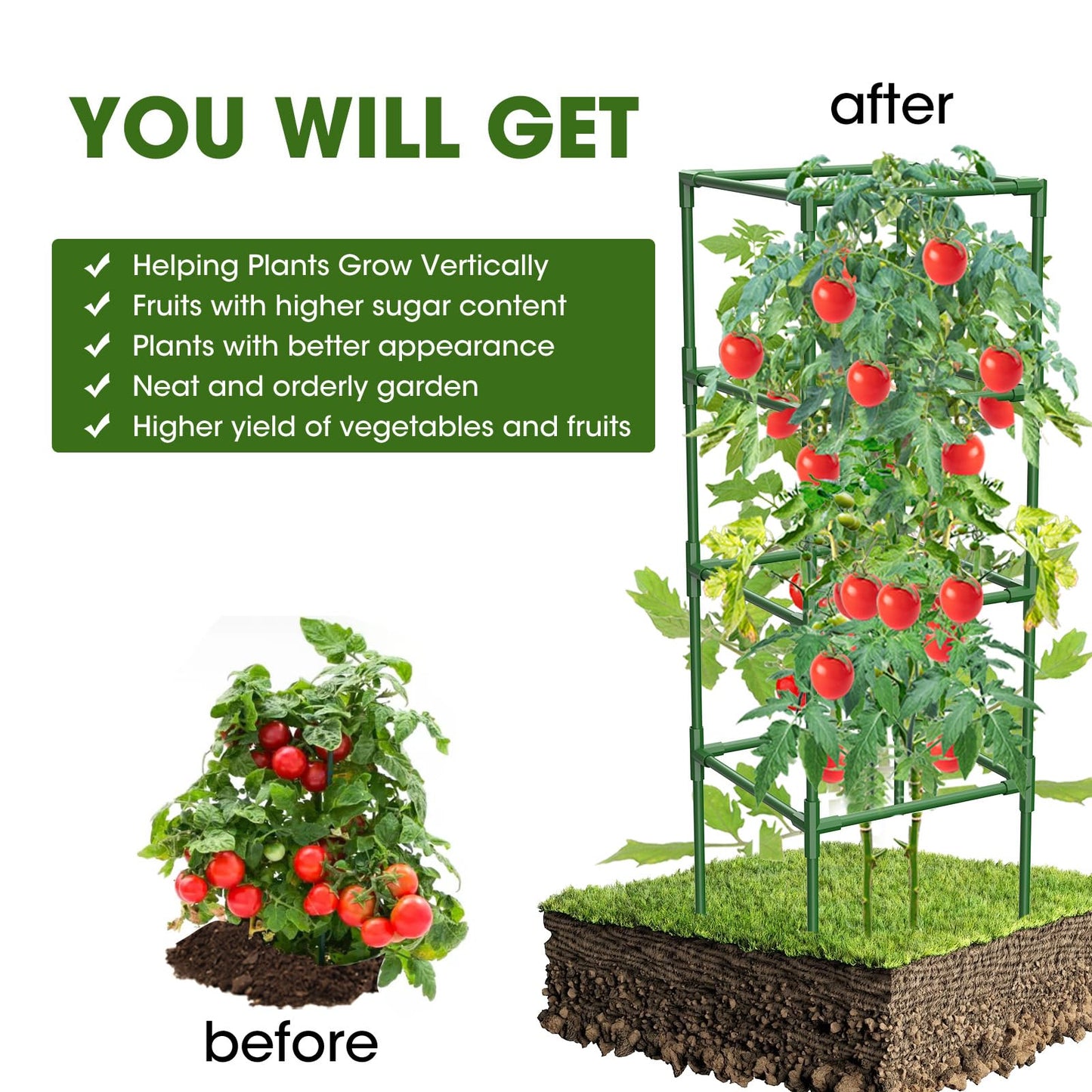 MQHUAYU 3 Pack Tomato Cages,Square Tomato Plant Stakes Support Cages Trellis for Garden Climbing Vegetables Flowers Fruits,Extra Bold