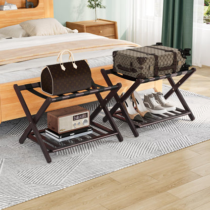 Smuxee Fully Assembled Brown Luggage Racks Pack of 2, Upgraded Bamboo Foldable Suitcase Stand with 5 Nylon Straps, Luggage Holder with Shelf for Guest Room Bedroom Hotel