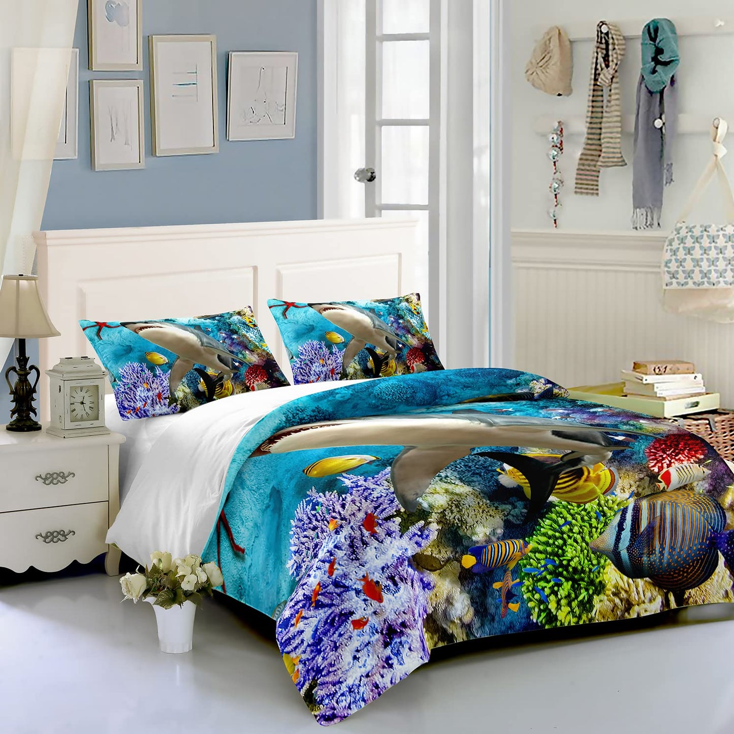 CVHOUSE Shark Duvet Cover King Size,Ocean Sea Animal Bedding Set,Beach Shark Comforter Cover for Boys Kids Teens,1 Duvet Cover 2 Pillowcases 3 Piece