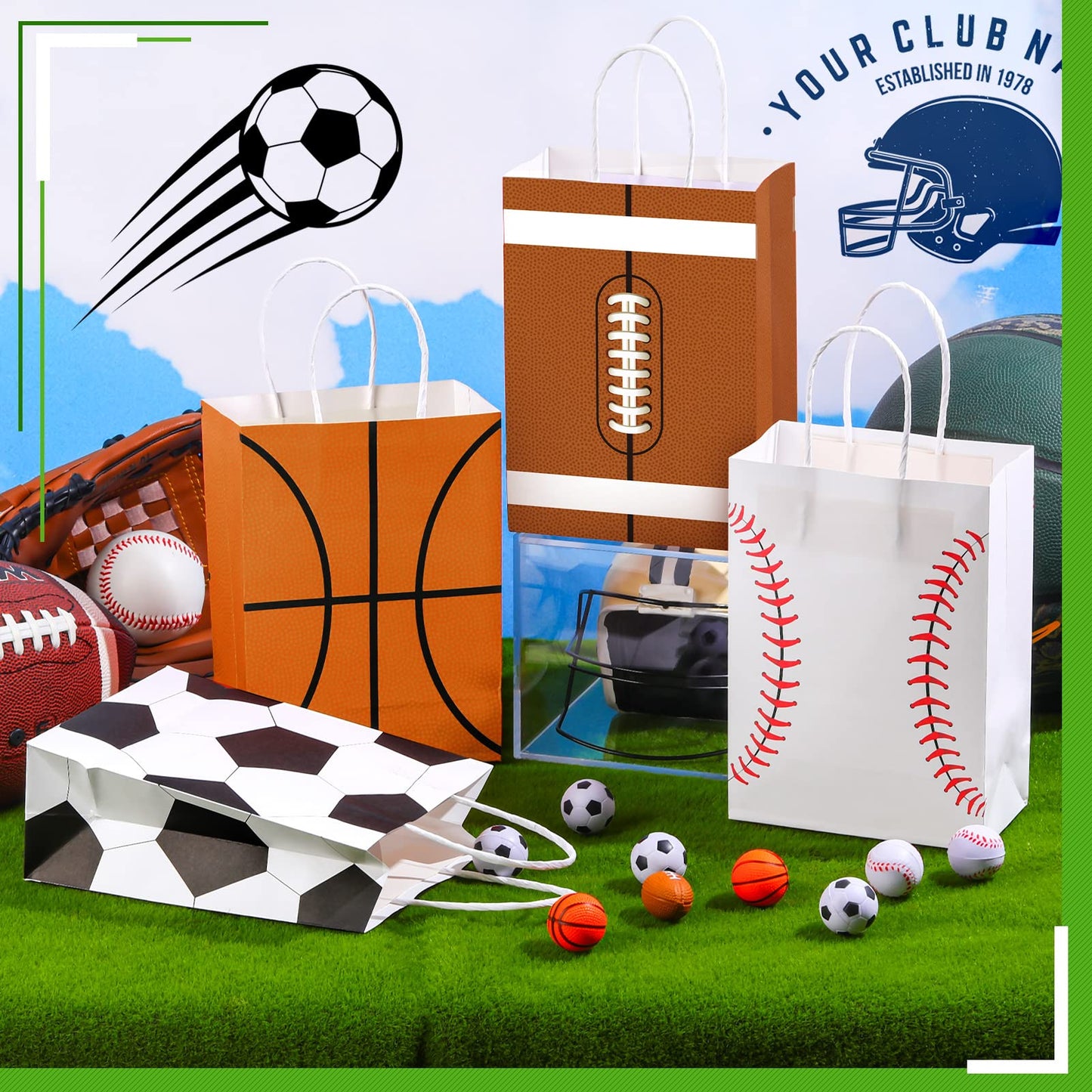 TaoBary 24 Pieces Sports Party Favor Bags Soccer Baseball Goodie Gift Bag with Handles for Football Basketball Baseball Sports Birthday Baby Shower Party Supplies Decoration