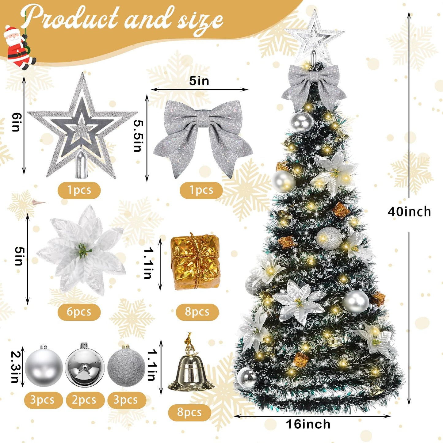 Suncalla Wall Christmas Tree with Lights 40inch, Artificial Wall Hanging Xmas Decoration with 50 LED String Lights, Saving-Space Door Hanging Xmas Tree Small Space Home School Office(Silver)