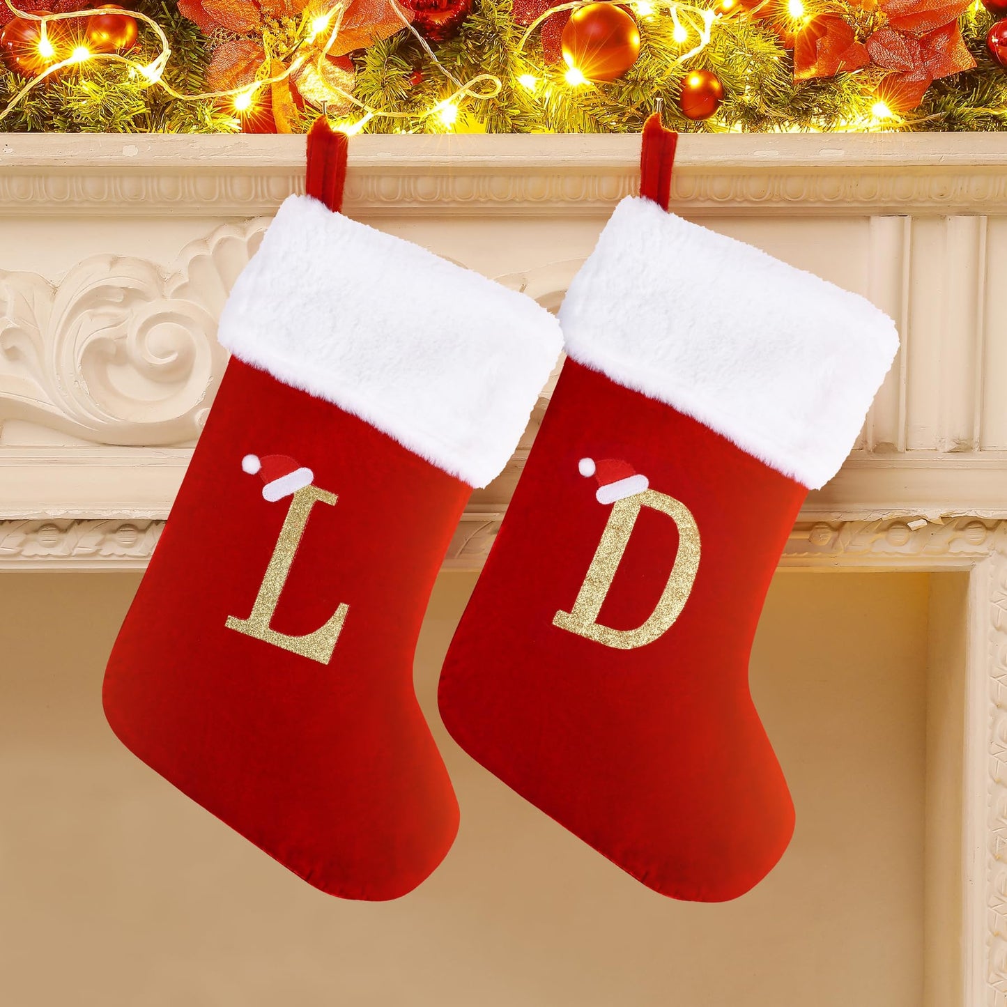 Sailup 20 Inches Monogram Christmas Stockings with Letters, Large Super Soft Christmas Stockings Red Velvet with White Super Soft Plush Cuff for Christmas Xmas Tree Holiday Fireplace (B)