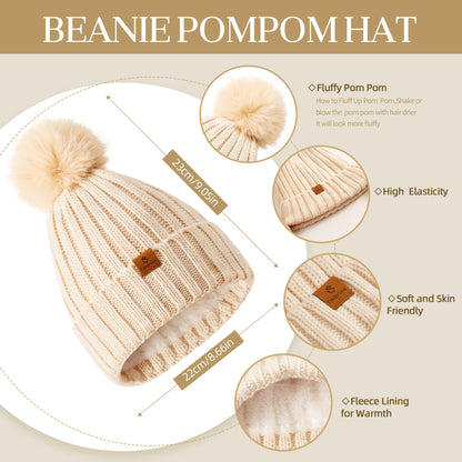 Coolprince Womens Long Scarf Gloves and Hat Set Cold Weather Hat Scarf Glove Set for Women Winter Beanie Hats with Pom Pom Apricot