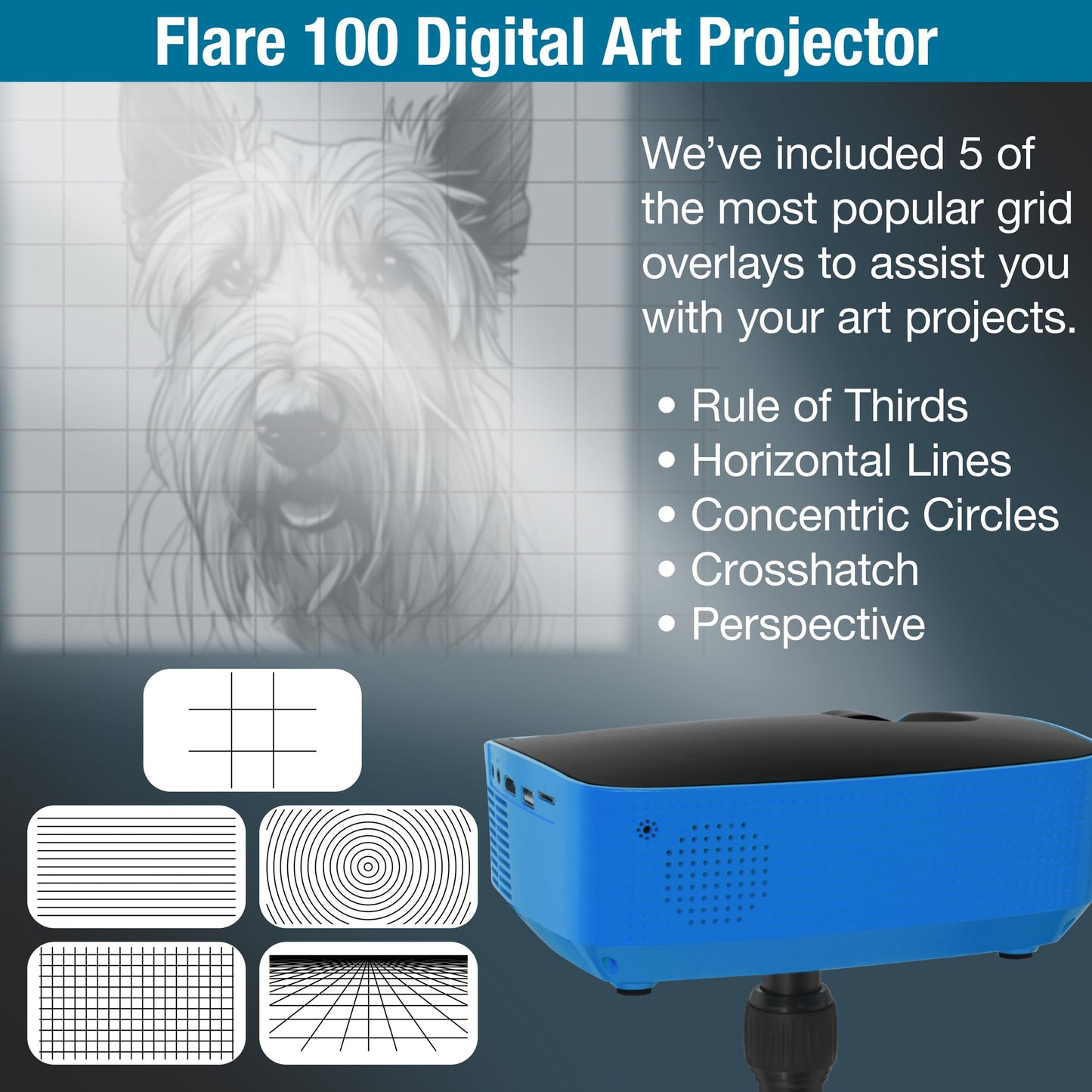 Artograph Flare 100 Digital Art Projector with Adjustable Monopod Stand, Blue/Black – 1080p Native Resolution, Built-In Art Grids for Drawing and Tracing, WiFi and HDMI Compatible