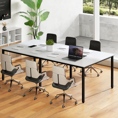 Nightcore Rectangle Conference Table for 10, 8 ft Large Seminar Table with 2 Cable Grommets, Modern Industrial Office Computer Desk with Metal Legs for Boardroom, Meeting Room, White