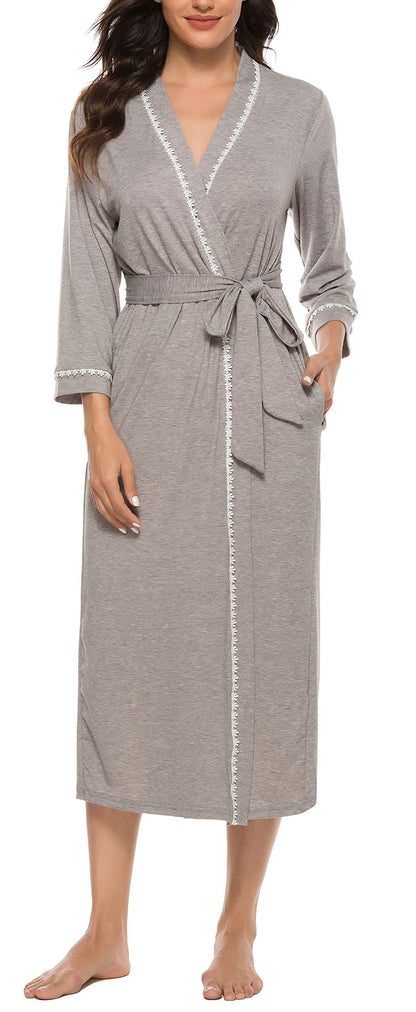Vlazom Womens Dressing Gown Soft Kimono Robe V-Neck Long Knit Bathrobe Nightwear Sleepwear for All Seasons, Grey, XL