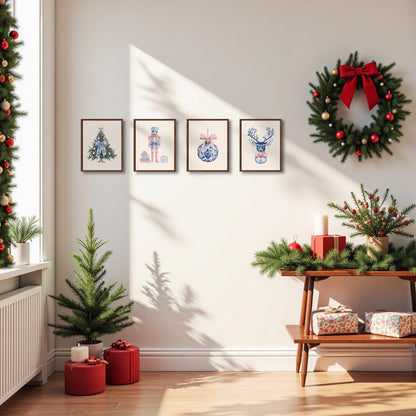 DOFQZ Pink Chinoiserie Christmas Wall Art Prints Set of 4, Grandmillenial Christmas Decor, Preppy Bauble Xmas Tree Nutcracker Reindeer Holiday Posters for Girls Dorm Apartment Decor, 8x10 Unframed