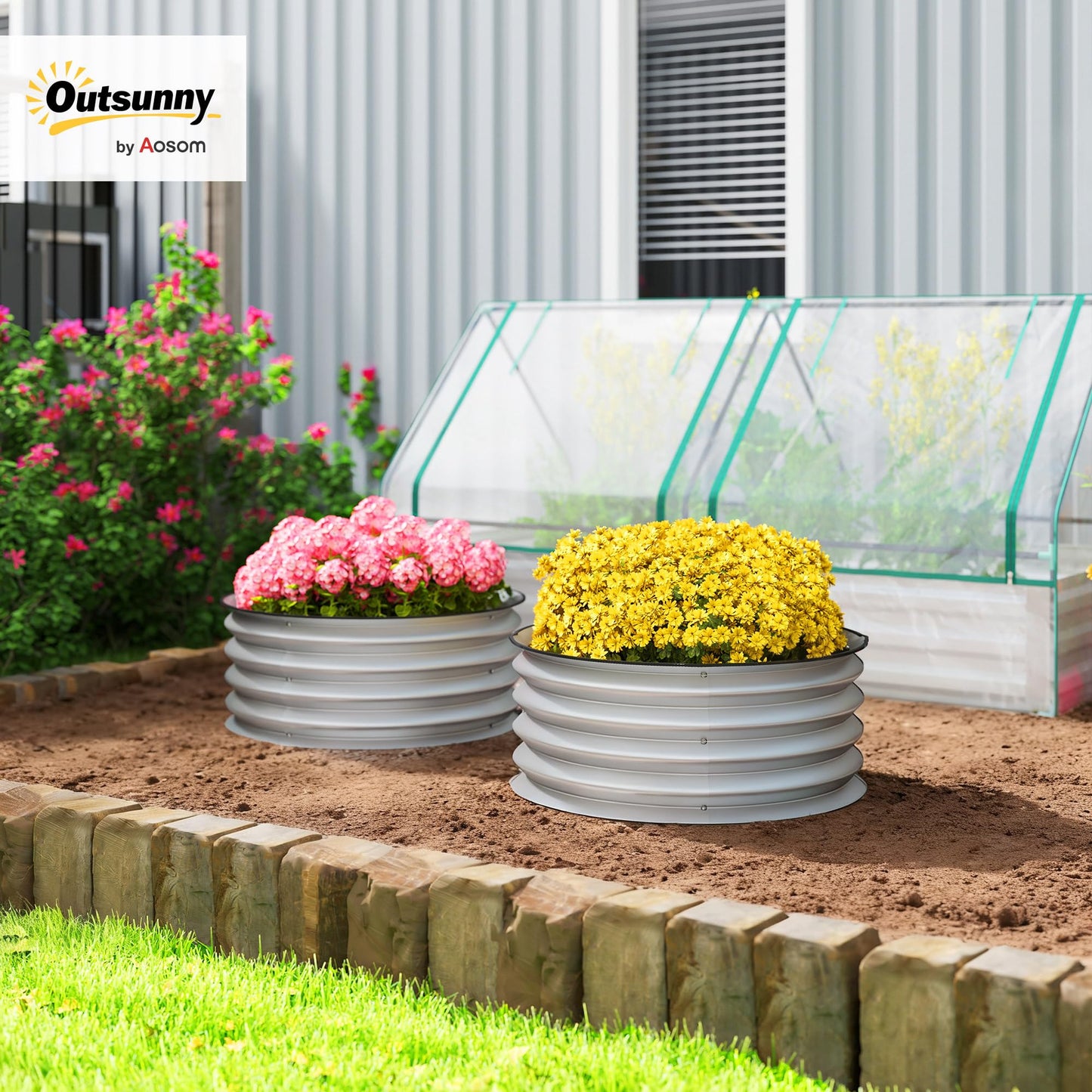 Outsunny Galvanized Raised Garden Bed Set of 2, Planters for Outdoor Plants with Safety Edging, Easy-to-Assemble Stock Tanks for Growing Flowers, Herbs and Vegetables, 2' x 2' x 1', Silver