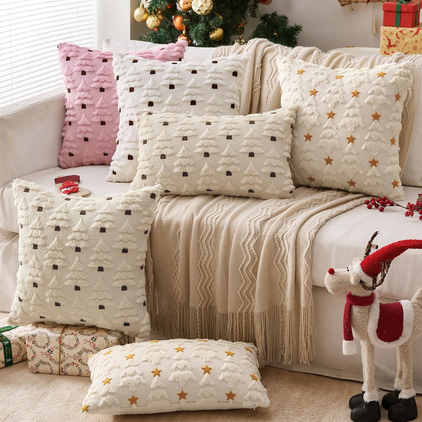 MIULEE Christmas Tree Decorative Pillow Covers Faux Fur Wool Throw Pillows Soft Plush Cushion Covers Set of 2 Xmas Home Decor Winter Holiday for Sofa Couch Livingroom Bed 18x18 Inch Cream
