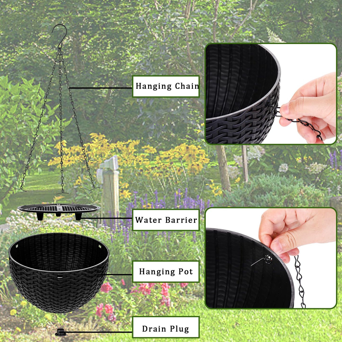 Foraineam 4 Pack Black Hanging Planters, 8.2 inch Hanging Flower Basket Planter Pots, Garden Plant Pot Container, Balcony Patio Hanging Basket Planters with Drainage Hole for Indoor and Outdoor Use