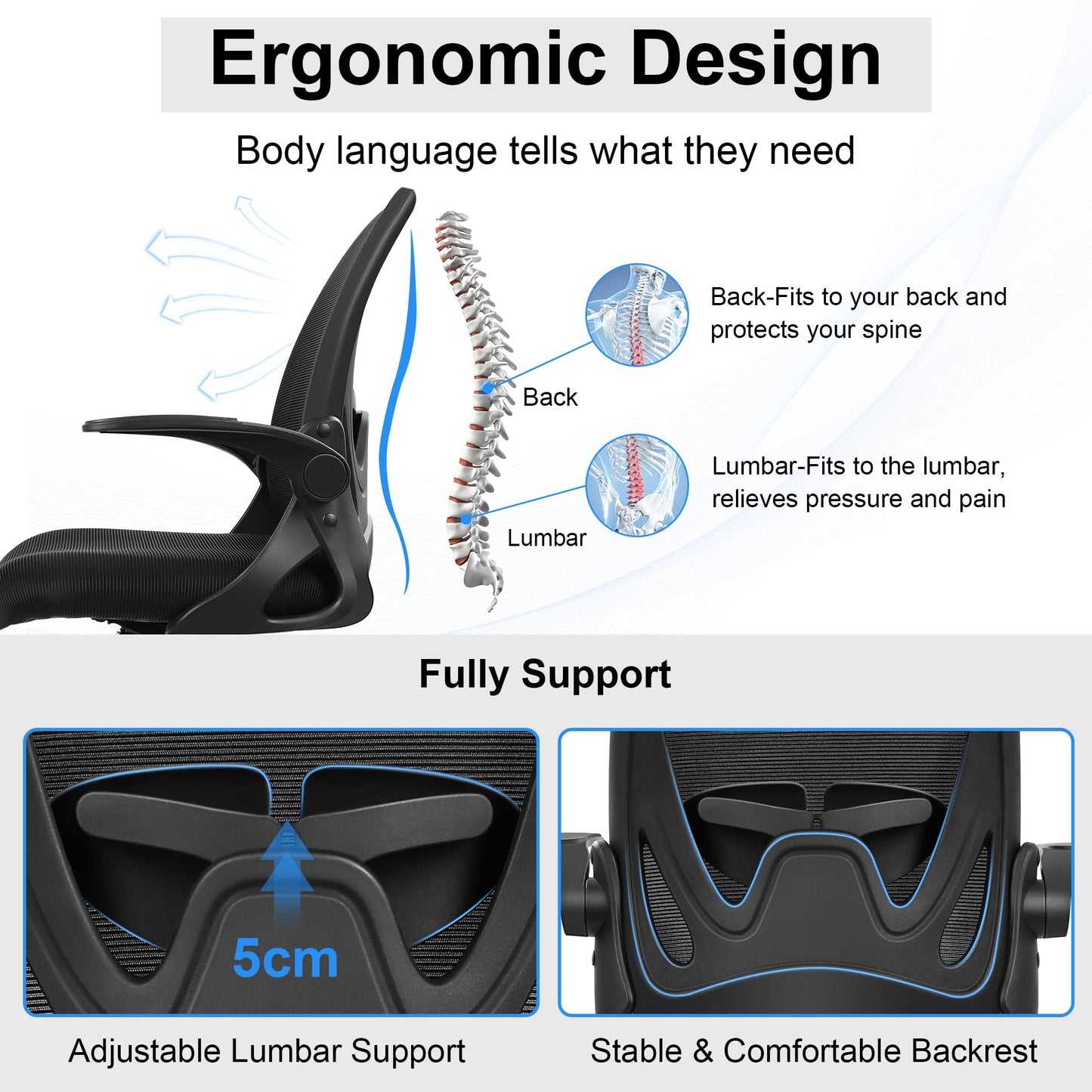 Primy Office Chair Ergonomic Desk Chair with Flip up Armrests Swivel Breathable Desk Mesh Computer Chair with Adjustable Lumbar Support and Height for Conference Room (Black)