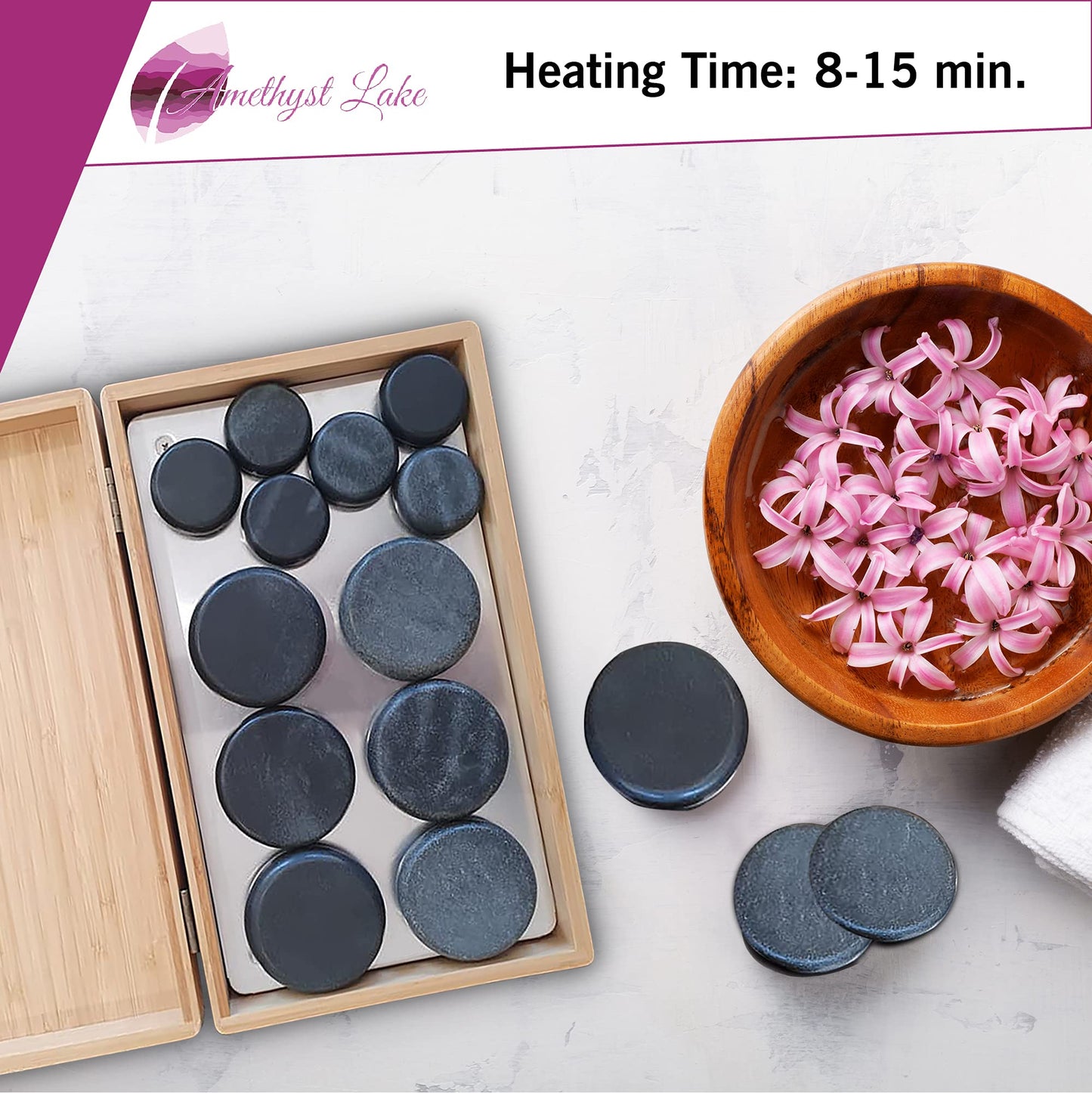 Amethyst Lake Hot Stone Warmer with 16 Stones Bamboo Box, Massage Stones for Home spa, Relaxing and Pain Reliefing Massage Stones Set with Warmer kit.