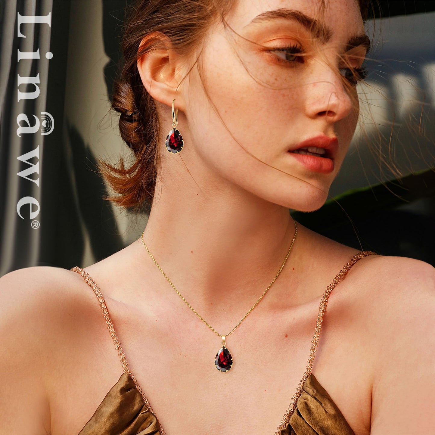 Linawe Ruby Crystal Jewelry Sets, Gold Earring Necklace Set Women Trendy, Imitation Diamond Pendant Rhinestone Drop Dangle Boho Wedding Jewelry, Rhinestone Cubic Zirconia Teardrop