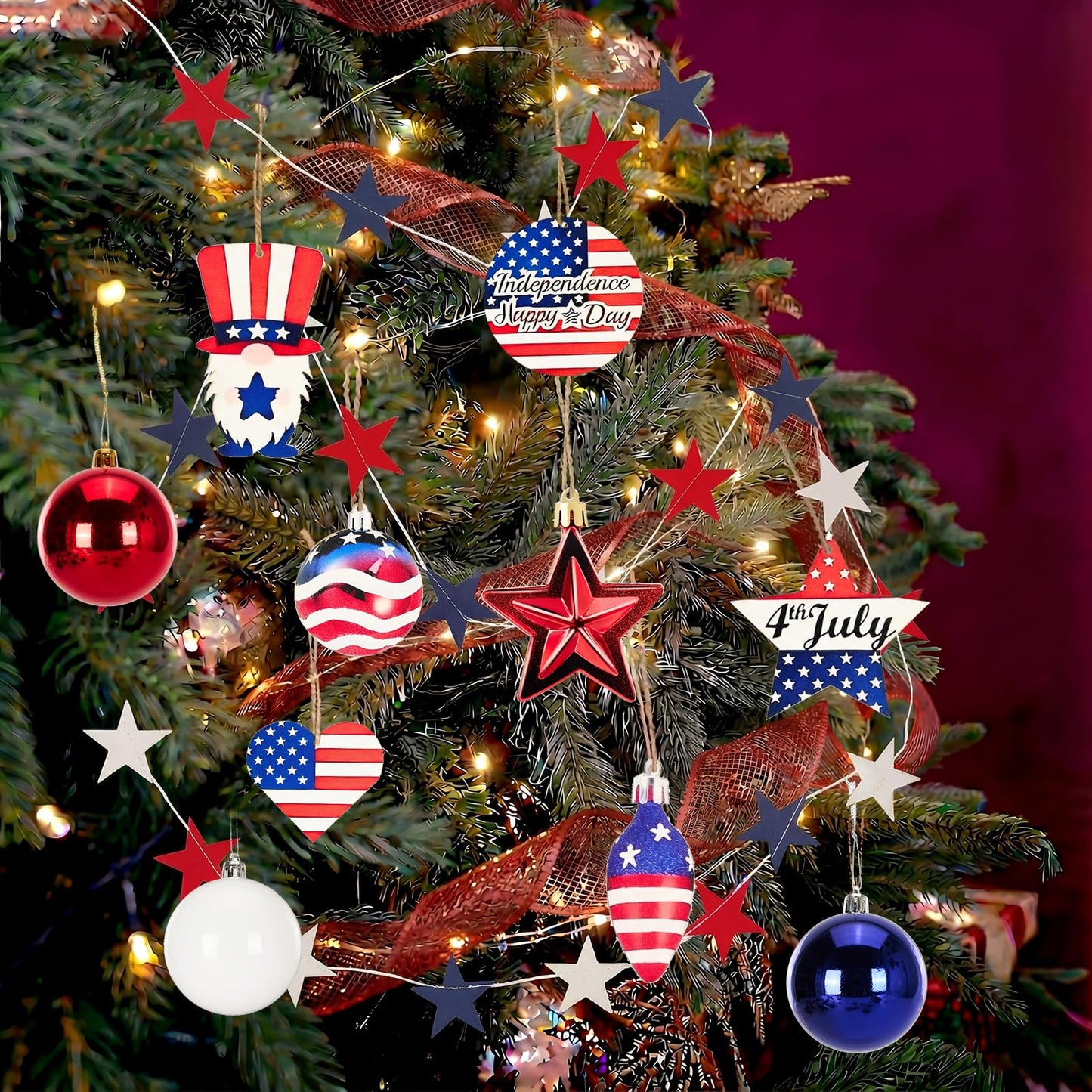 4th of July Christmas Tree Decorations Set with LED Light - Patriotic Red White and Blue Hanging Ornaments, Star Garland & Wreath Bow Tree Topper for Independence National Memorial Day Party