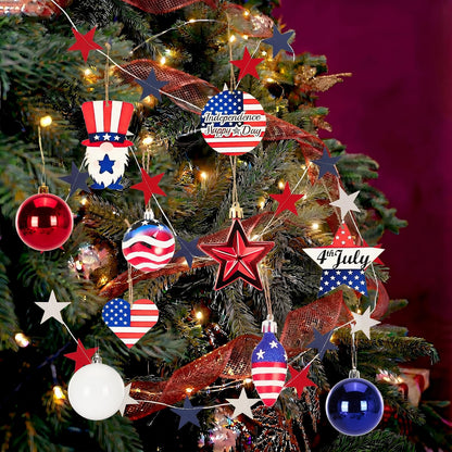 4th of July Christmas Tree Decorations Set with LED Light - Patriotic Red White and Blue Hanging Ornaments, Star Garland & Wreath Bow Tree Topper for Independence National Memorial Day Party