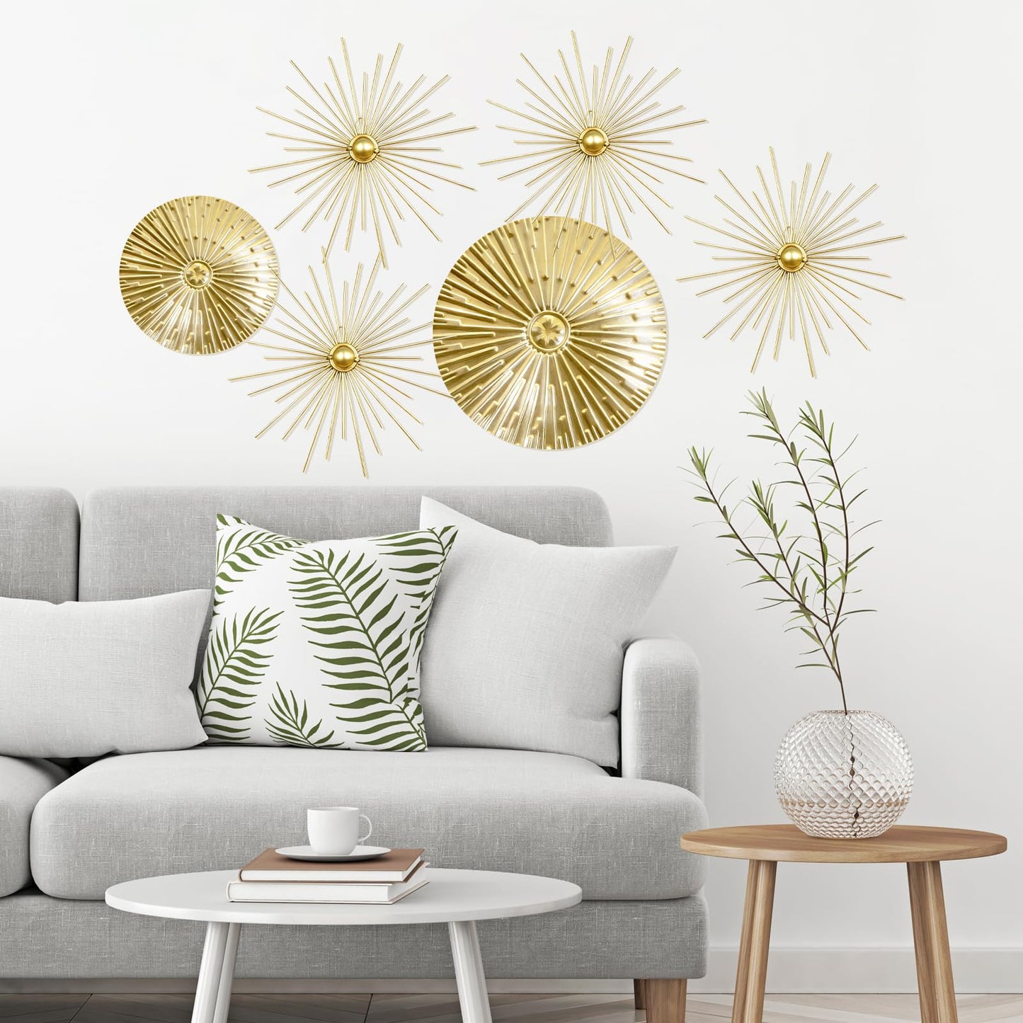 Yudlto 6 Pcs Gold Wall Decor Set, Modern Metal Starburst Radial Plate Wall Art, Gold Metal Hanging Decor for Living Room Bedroom Bathroom Office