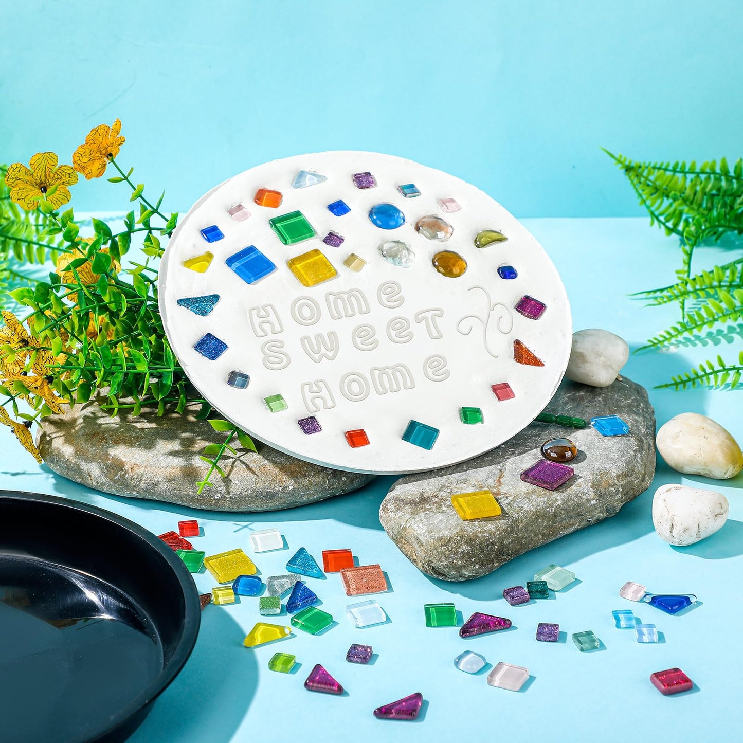 LOYIM 5 Pcs 3 Size Stepping Stone Kit for DIY Outdoor Garden Stepping Stone Includes Cement Molds Mosaic Tiles and Concrete Letter Stamps No Concrete Mix(Black)
