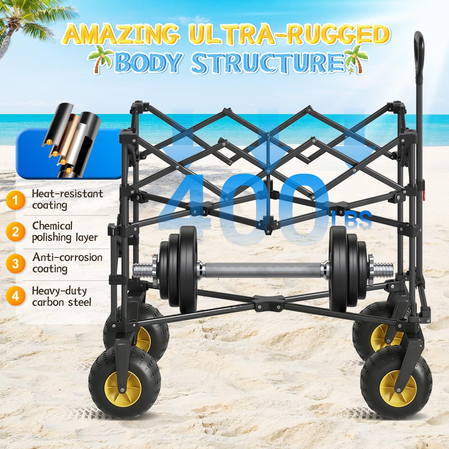 CAtArt Beach Wagon with Big Wheels for Sand, 400LBS Heavy Duty Foldable Wagons Carts, 9" All-Terrain PVC Inflatable Tires, Easy Storage for Beach, Grocery Shopping, Sports Camping (Black)