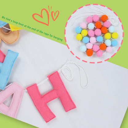 2 PCS Pre-Strung 3D Felt Happy Birthday Banner - Reusable Rainbow Happy Birthday Decorations Sign, Felt Ball Garland, Pom Pom Garland, Party Decor, Photo Prop (MACARON)