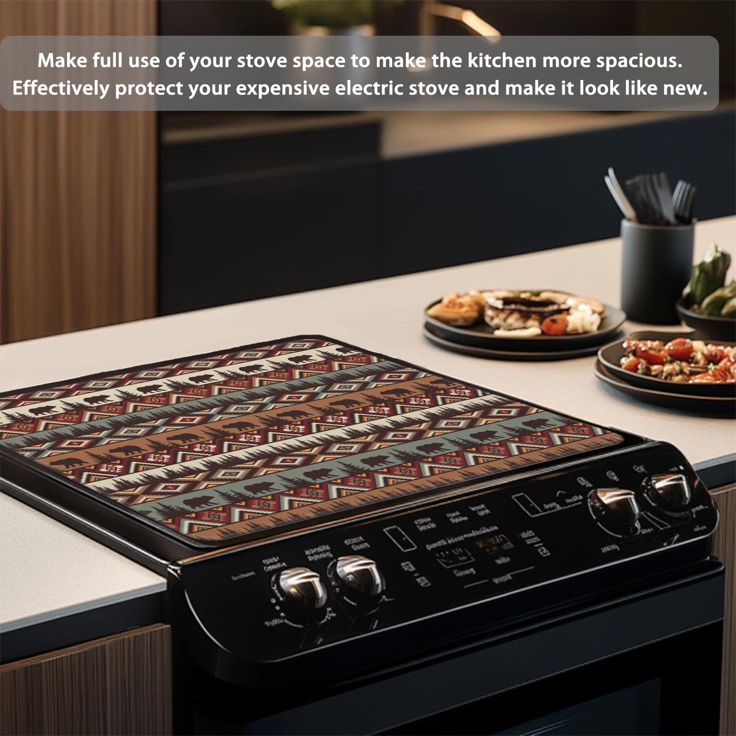 Stove Top Covers for Electric Stove,Forests Bears Indians Rubber Flat RV Range Stovetop Protector,Prevents Scratching, Expands Usable Space 28.5'' x 20.5''