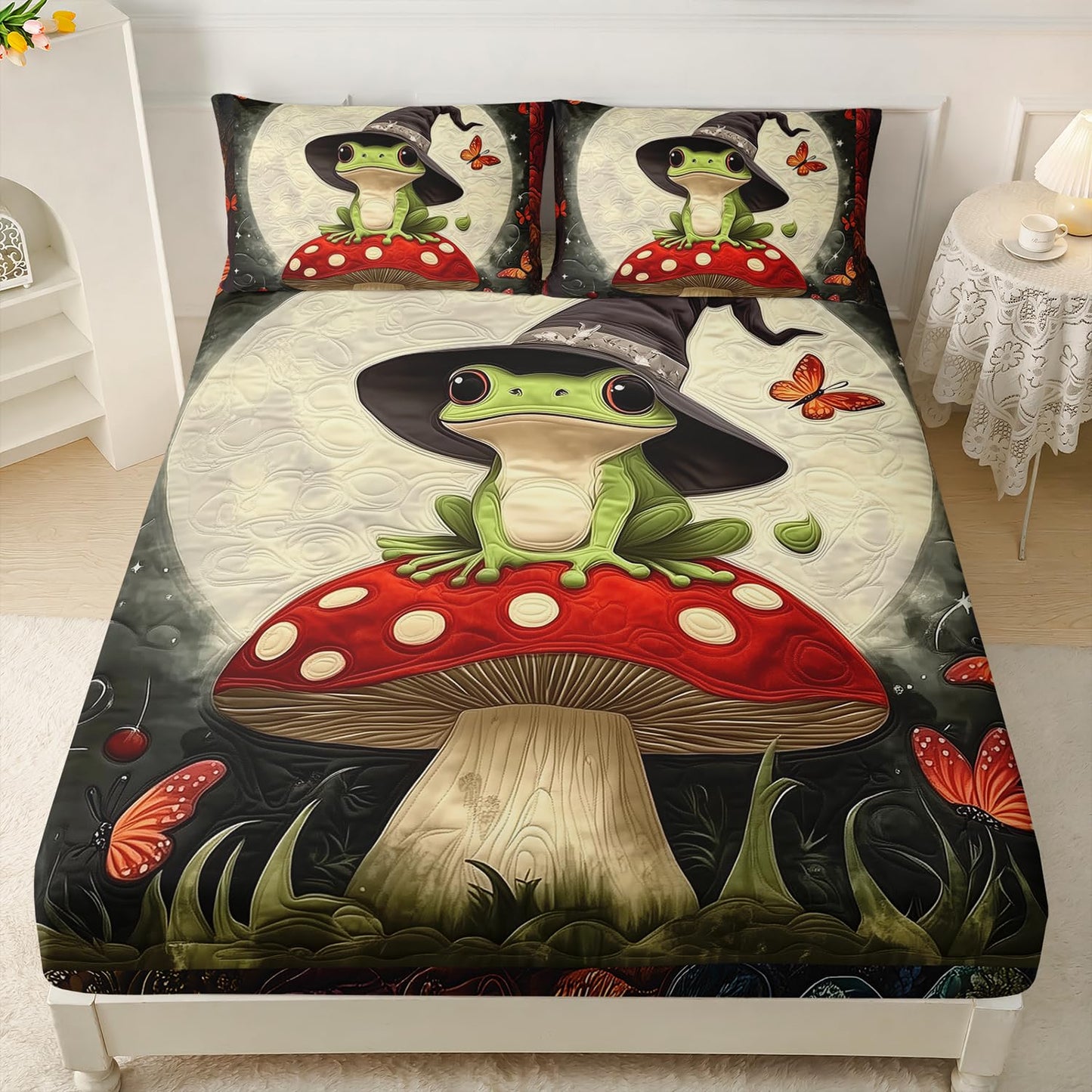 HOSIMA Frog Twin Fitted Sheet,Frog Wearing Witch Hat Sitting on Mushroom,Butterfly Pattern Aesthetic Cute Bedding for Kids Boys Girls Halloween Room Decor,1 Fitted Sheet+2 Pillowcases.