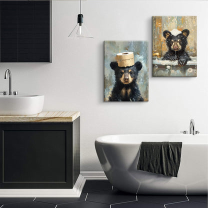 BHSUUHIT 2 Pcs Bear Bathroom Wall Art Funny Bathroom Animal Pictures Prints Black Bear With Paper Wall Decor Sitting in Bathtub Canvas Cute Humorous Posters Ready to Hang Home Decor(12x16in Canvas)
