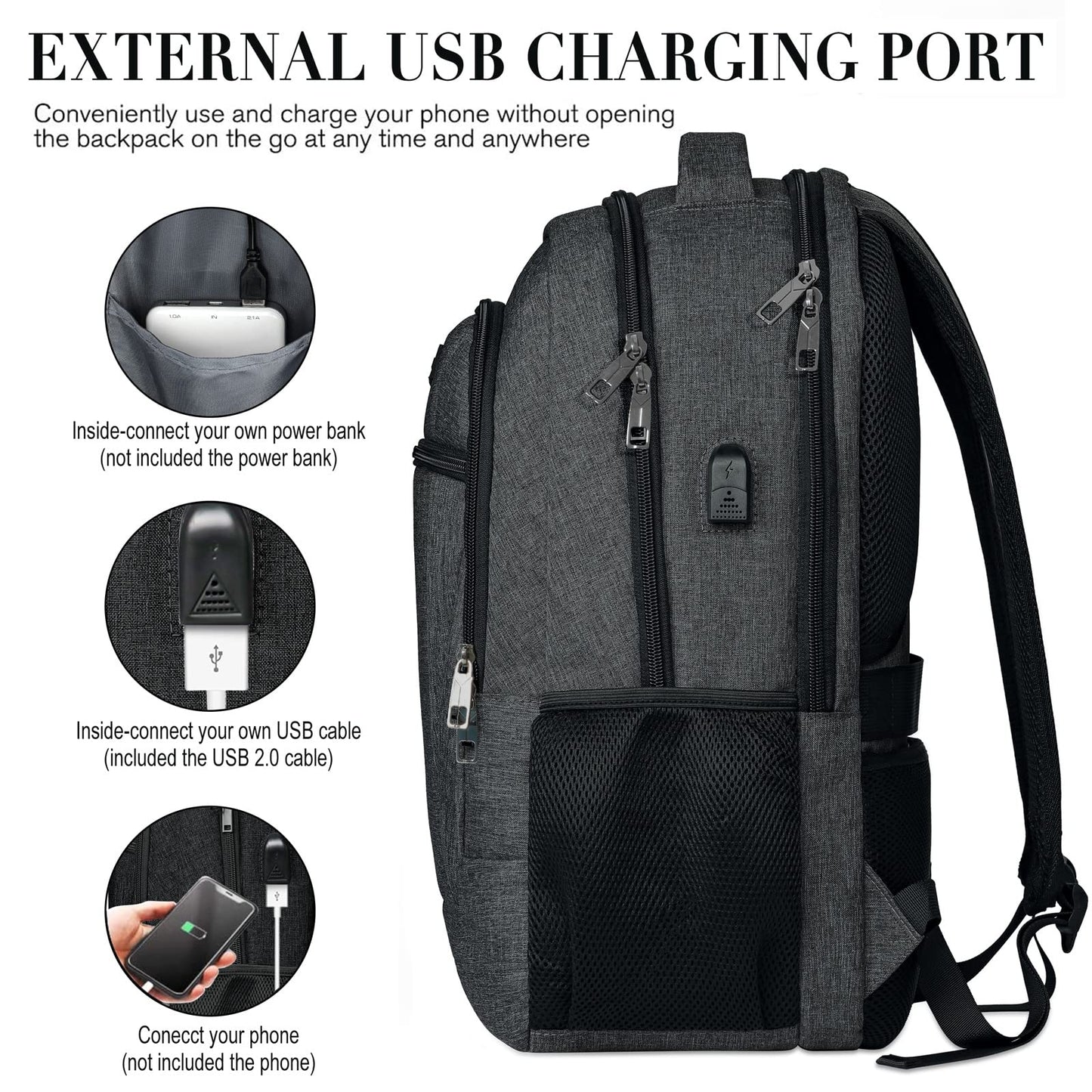 Laptop Backpack, School Backpack for Boys Water Resistant School Bag with USB Charging Port, Business Anti Theft Durable 15.6 Inch Laptop Bag, Gifts, Black
